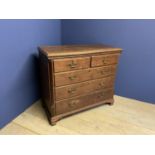 C18th yew chest of 2 short and 3 long graduated drawers with brass drop handles, 120 L x 105 H