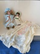 Two vintage dolls and a Vintage Christening gown