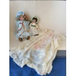 Two vintage dolls and a Vintage Christening gown