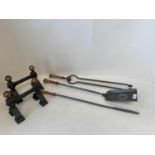 Set of 3 steel and copper fire irons with a matching pair of steel and copper andirons circa 1900