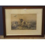 Black and White engraving, Pair old English Spaniels with snipe over, Titled "Out of Reach" in old