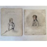 2 drawings, pencil & highlighted in colour titled "La pauve Marmottee. Signed Louise Radout?