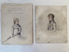 2 drawings, pencil & highlighted in colour titled "La pauve Marmottee. Signed Louise Radout?