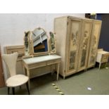 Decorative bedroom suite, to include wardrobe, dressing table, chair, sidetable, Condition: wardrobe