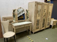 Decorative bedroom suite, to include wardrobe, dressing table, chair, sidetable, Condition: wardrobe