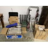 Mixed household clearance lot: bike racks, dog crates, Jam pan, stereo, garden kneeler, tent, etc,