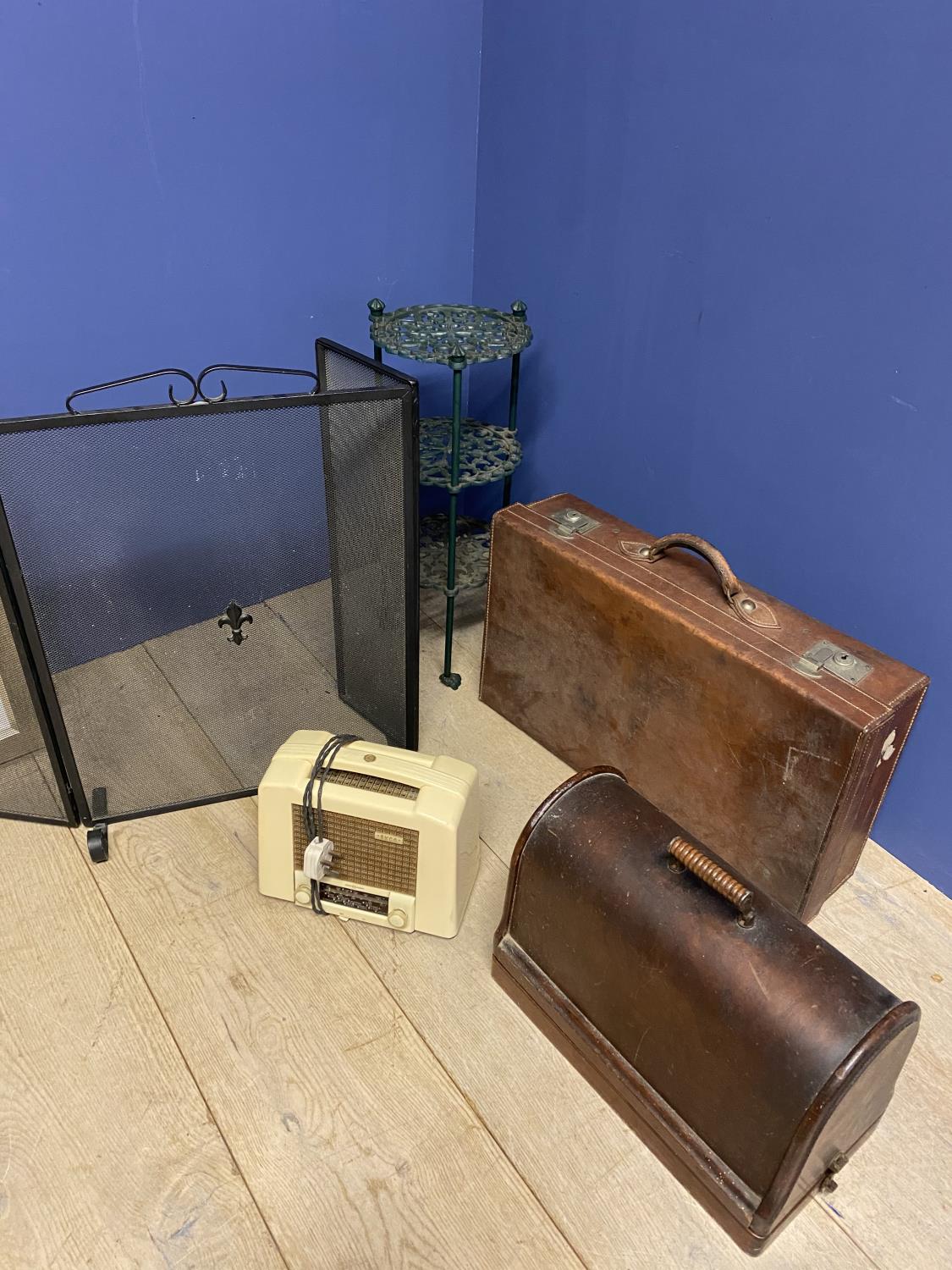 Leather suitcase, fire guard, vintage sewing machine, vintage radio Ekco, and three tier plant stand - Image 3 of 3