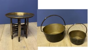 2 brass cooking pots, and an Indian brass top table with inlaid folding legs