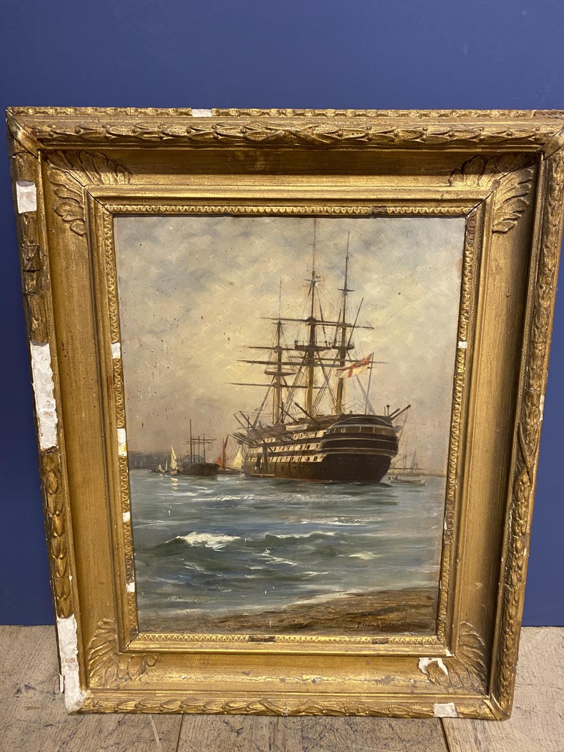 R. ESDAILE RICHARDSON ( 1897-? ) Oil on board "The old St Vincent, Portsmouth Harbour" signed