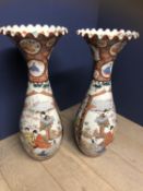A fine pair of large C19th Japanese Arita vases, with crimped flaring necks, decorated with birds