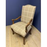 Good quality carved beech show framed armchair, upholstered in a contemporary check tweed. CONDITION