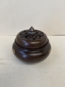 Chinese bronze gold splash incense burner with pierced cover, seal marks to base 10cm Dia CONDITION: