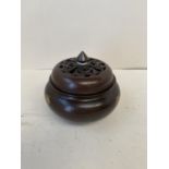 Chinese bronze gold splash incense burner with pierced cover, seal marks to base 10cm Dia CONDITION: