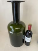 Large green glass bottle neck vase, label rubbed omega? 49cmHigh