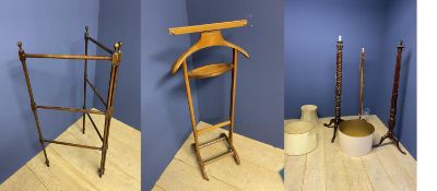 2 mahogany tripod torcheres as lamp standards and another lamp standard. C19th mahogany folding