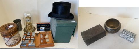 Cased black silk top hat by Dunn and Co, Piccadilly Circus, London, and a Connoisseur fitted gents