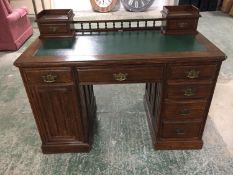 Late Victorian twin pedestal writing desk of 6 drawers and a cupboard, with a galleried back flanked