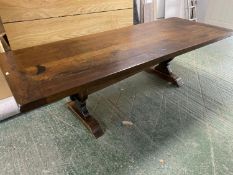 Good quality heavy oak refectory dining table. Top 5cm thickness, 256cm L, 77cm H, 96cm W