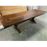 Good quality heavy oak refectory dining table. Top 5cm thickness, 256cm L, 77cm H, 96cm W