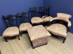 Qty of various chairs and ottoman, upholstered in a pink fabric
