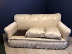 Cream sofa (cushion missing) 101cm deep, seat depth is 62cm, length across back is 190cm