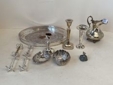 Silver plated galleried oval tray, 2 pairs knife rests, silver plated cream jug. Indian silver