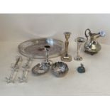 Silver plated galleried oval tray, 2 pairs knife rests, silver plated cream jug. Indian silver