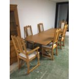 Contemporary light oak dining suite including extending refectory table 6 partly upholstered