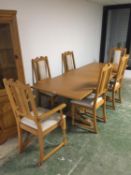 Contemporary light oak dining suite including extending refectory table 6 partly upholstered