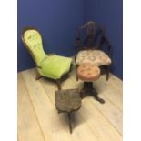 Victorian show frame upholstered nursing chair button back in green velvet, a revolving circular