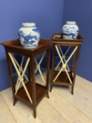 Pair of contemporary mahogany square tables/stands with glass undershelves 94H x 44 square