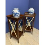 Pair of contemporary mahogany square tables/stands with glass undershelves 94H x 44 square