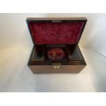 Regency mahogany and brass inlaid tea caddy, with original glass mixing bowl and sterling silver