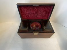 Regency mahogany and brass inlaid tea caddy, with original glass mixing bowl and sterling silver