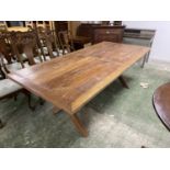 Teak hardwood rectangular plank top table, with X frame stretcher, 220 x 101cm