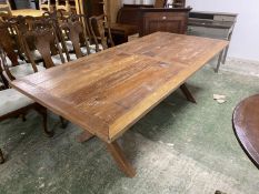 Teak hardwood rectangular plank top table, with X frame stretcher, 220 x 101cm