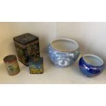 3 vintage tins & blue lustre vase & blue & white decorative jardinière CONDITION: all with wear &