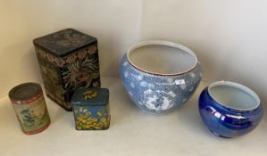 3 vintage tins & blue lustre vase & blue & white decorative jardinière CONDITION: all with wear &