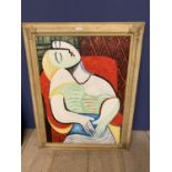 A studio framed oil painting portrait of a seated female in abstract 75x54.5