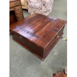 Large modern Indian style wooden ottoman, with brass hinges, and the two ends opening to reveal