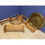Qty of wooden book troughs and book shelves & large brass oriental style circular tray