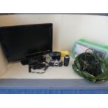 TV with DVD player, 2 cameras and electric plugs and tools