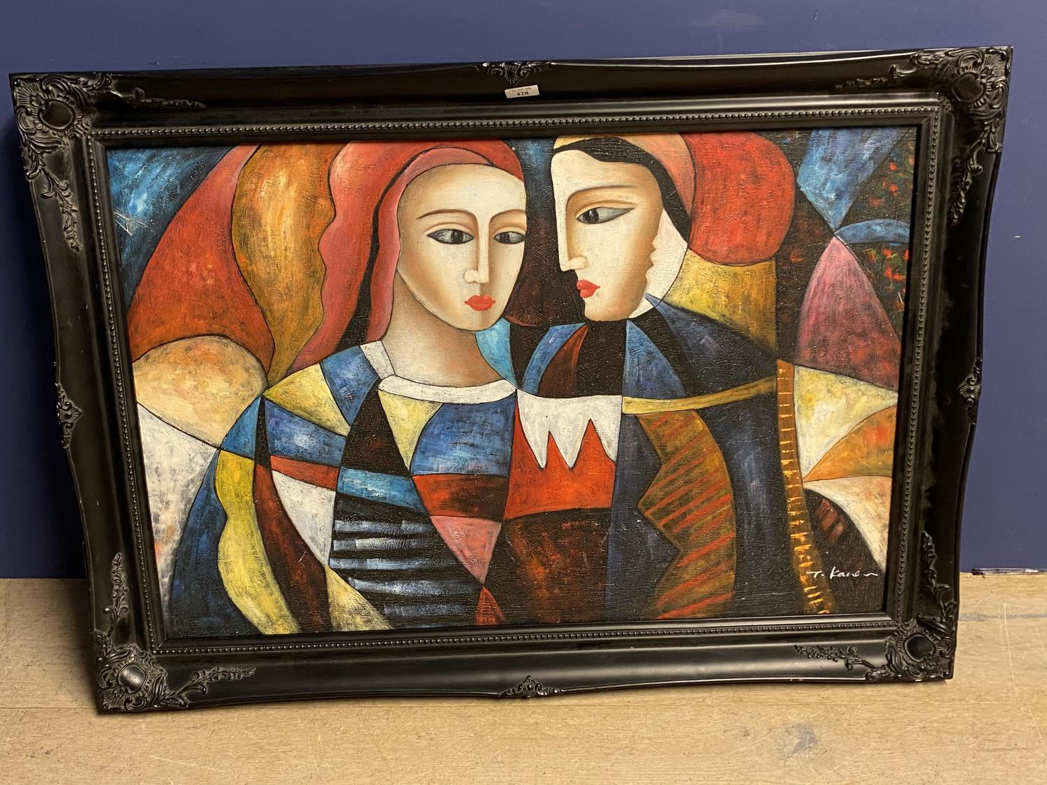 Modern school a large modernist oil painting, Portrait of Masquerade Ladies signed. 59.5 x 90 - Image 2 of 2