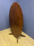 George III oval tilt top cross banded mahogany breakfast table, on a quadruped swept base to