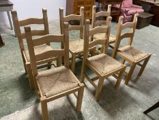 Set of 6 good quality heavy modern light oak rush seat kitchen chairs and a modern pine kitchen