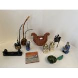 Qty or C20th Oriental wares including a spinach green oriental bowl, Opium pipes etc