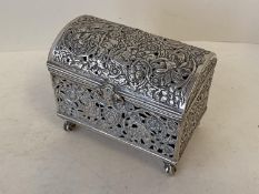 Good quality white metal pierced oblong casket with hinged dome lid on 4 claw fee 8.8 ozt (