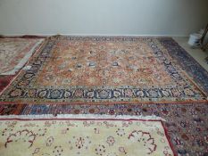 Traditional old Persian carpet, terracotta ground and blue multi border with all over stylised