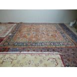 Traditional old Persian carpet, terracotta ground and blue multi border with all over stylised