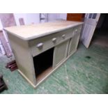 Victorian shabby chic painted heavy pine kitchen side cabinet with scrub top, 3 drawers above 3